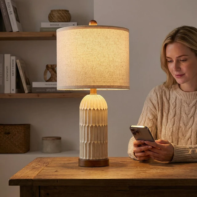 Alt view image 4 of 7 - 22" Bedside Table Lamps Set of 2, Farmhouse Lamp with USB A+C,Brown Vintage Nightstand Lamp for Bedroom, Retro Design, Home Decor for living Room, Nursery, Home Office, End Side table