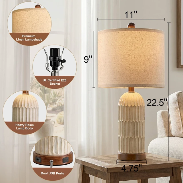 Alt view image 3 of 7 - 22" Bedside Table Lamps Set of 2, Farmhouse Lamp with USB A+C,Brown Vintage Nightstand Lamp for Bedroom, Retro Design, Home Decor for living Room, Nursery, Home Office, End Side table