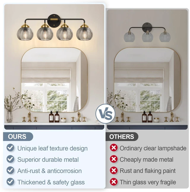 Alt view image 2 of 7 - Bathroom Light Fixtures, 4-Light Smokegray Vanity Lights with Unique Leaf Texture Glass Shade, Modern Matte Black and Gold Bathroom Wall Lamp for Mirror Hallway Cabinet Living Room