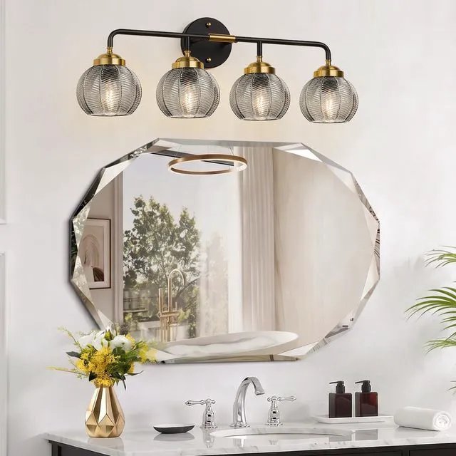Alt view image 3 of 7 - Bathroom Light Fixtures, 4-Light Smokegray Vanity Lights with Unique Leaf Texture Glass Shade, Modern Matte Black and Gold Bathroom Wall Lamp for Mirror Hallway Cabinet Living Room
