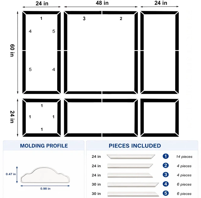Alt view image 2 of 7 - 3 Set Peel and Stick Wall Molding Kit,Pre Cut Wainscoting Panels,24x60in Premade,Self Adhesive,Paintable,PVC,Ready to Assemble,Wall Decor
