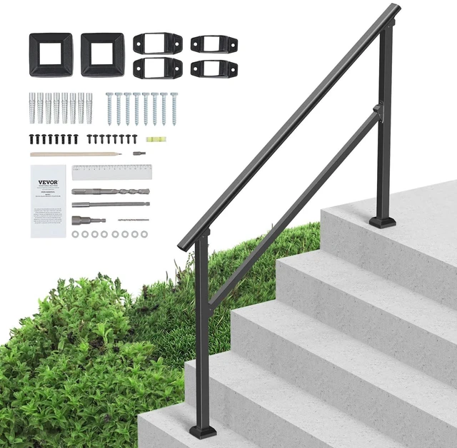 Main image of Handrails for Outdoor Steps, 4 Step Stair Hand Rail Kit, Transitional Carbon Steel Railings with Installation Kit, Stair Rails for Seniors, Concrete Steps & Porch & Deck, Black Square Tube