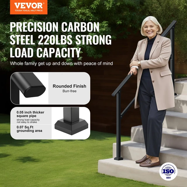 Alt view image 2 of 7 - Handrails for Outdoor Steps, 4 Step Stair Hand Rail Kit, Transitional Carbon Steel Railings with Installation Kit, Stair Rails for Seniors, Concrete Steps & Porch & Deck, Black Square Tube