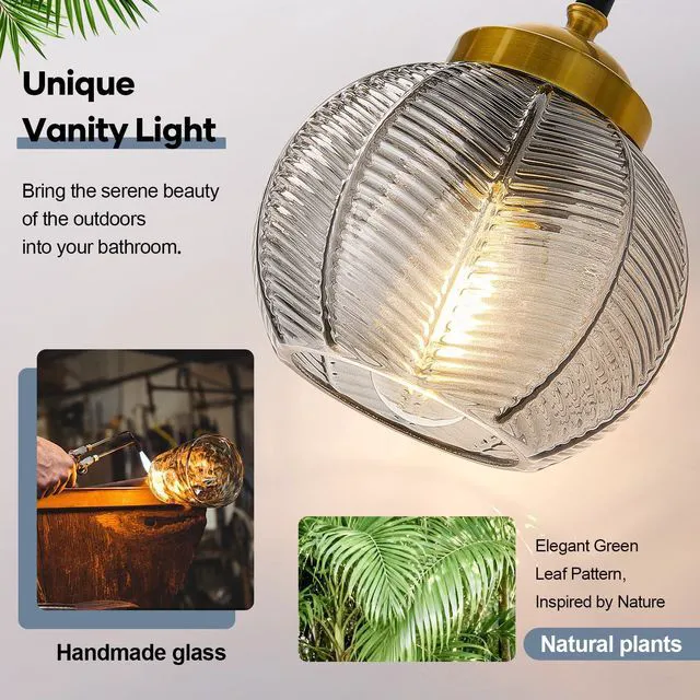 Alt view image 4 of 7 - Bathroom Light Fixtures, 4-Light Smokegray Vanity Lights with Unique Leaf Texture Glass Shade, Modern Matte Black and Gold Bathroom Wall Lamp for Mirror Hallway Cabinet Living Room