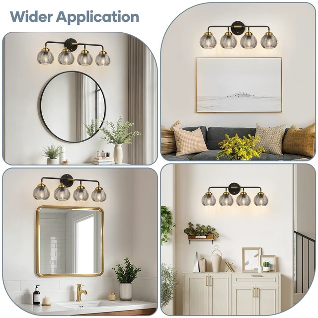 Alt view image 5 of 7 - Bathroom Light Fixtures, 4-Light Smokegray Vanity Lights with Unique Leaf Texture Glass Shade, Modern Matte Black and Gold Bathroom Wall Lamp for Mirror Hallway Cabinet Living Room