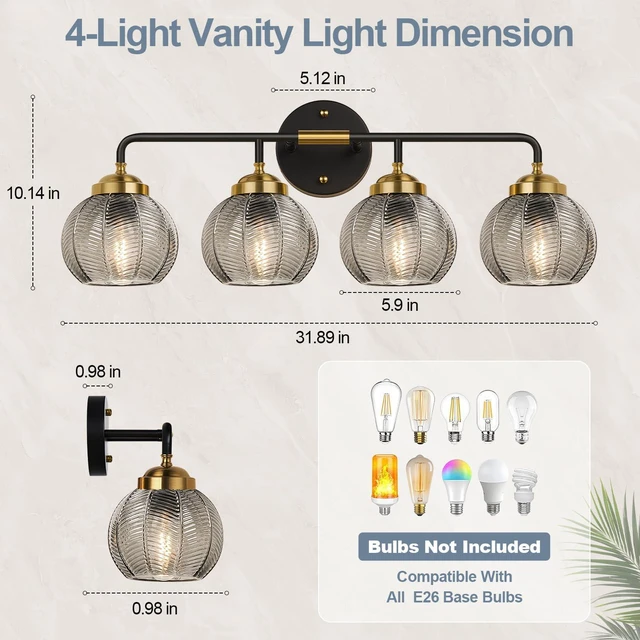 Alt view image 6 of 7 - Bathroom Light Fixtures, 4-Light Smokegray Vanity Lights with Unique Leaf Texture Glass Shade, Modern Matte Black and Gold Bathroom Wall Lamp for Mirror Hallway Cabinet Living Room
