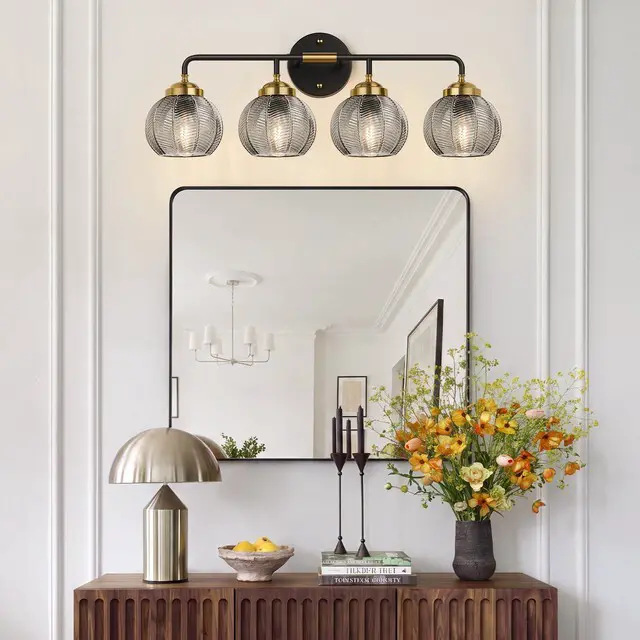Alt view image 7 of 7 - Bathroom Light Fixtures, 4-Light Smokegray Vanity Lights with Unique Leaf Texture Glass Shade, Modern Matte Black and Gold Bathroom Wall Lamp for Mirror Hallway Cabinet Living Room