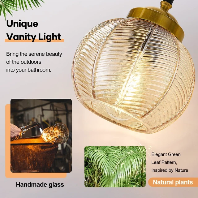 Alt view image 3 of 7 - Bathroom Light Fixtures, 3-Light Amber Vanity Lights with Unique Leaf Texture Glass Shade, Modern Matte Black and Gold Bathroom Wall Lamp for Mirror Hallway Cabinet Living Room