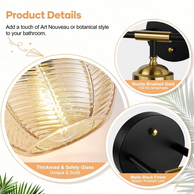 Alt view image 4 of 7 - Bathroom Light Fixtures, 3-Light Amber Vanity Lights with Unique Leaf Texture Glass Shade, Modern Matte Black and Gold Bathroom Wall Lamp for Mirror Hallway Cabinet Living Room