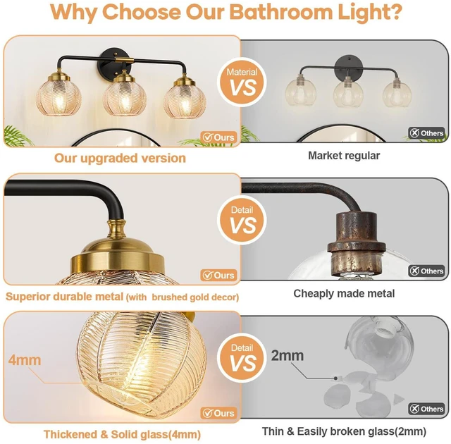 Alt view image 5 of 7 - Bathroom Light Fixtures, 3-Light Amber Vanity Lights with Unique Leaf Texture Glass Shade, Modern Matte Black and Gold Bathroom Wall Lamp for Mirror Hallway Cabinet Living Room