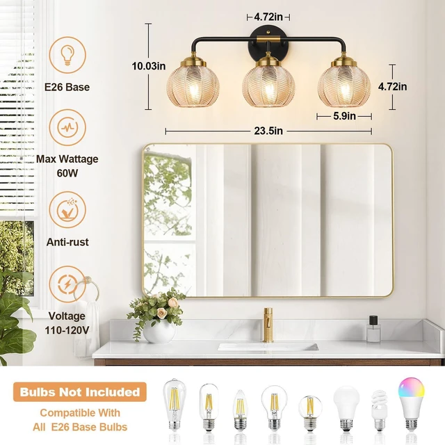 Alt view image 6 of 7 - Bathroom Light Fixtures, 3-Light Amber Vanity Lights with Unique Leaf Texture Glass Shade, Modern Matte Black and Gold Bathroom Wall Lamp for Mirror Hallway Cabinet Living Room