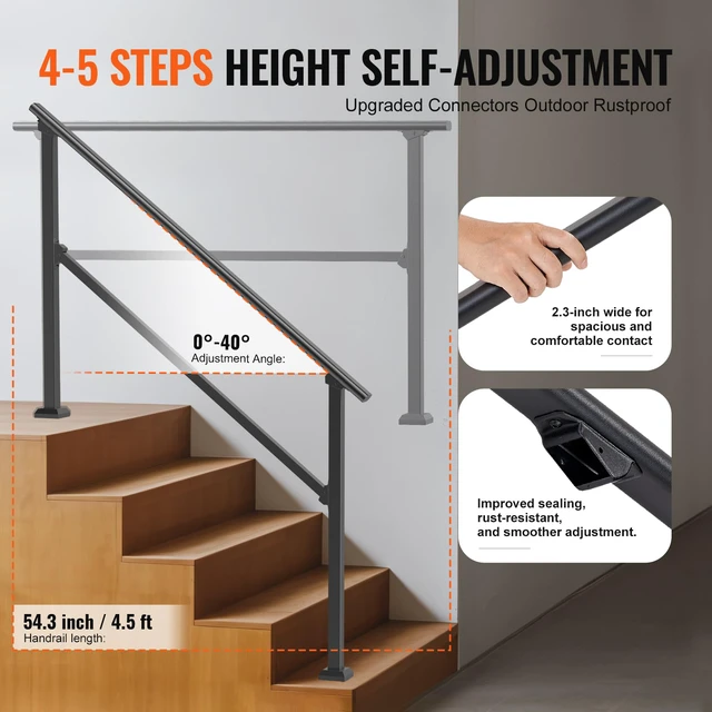 Alt view image 3 of 7 - Handrails for Outdoor Steps, 4 Step Stair Hand Rail Kit, Transitional Carbon Steel Railings with Installation Kit, Stair Rails for Seniors, Concrete Steps & Porch & Deck, Black Square Tube