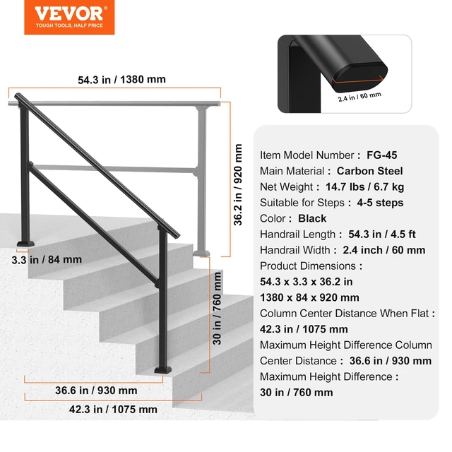 Alt view image 7 of 7 - Handrails for Outdoor Steps, 4 Step Stair Hand Rail Kit, Transitional Carbon Steel Railings with Installation Kit, Stair Rails for Seniors, Concrete Steps & Porch & Deck, Black Square Tube