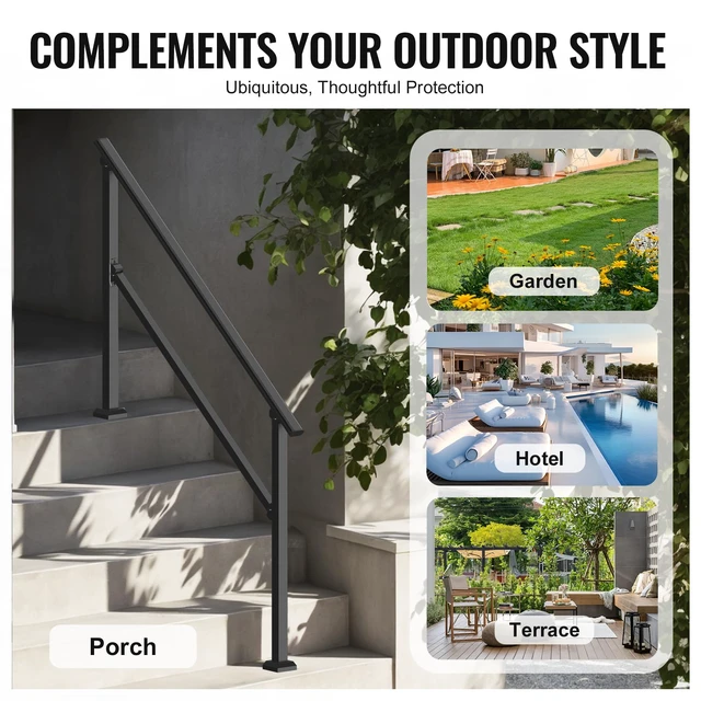 Alt view image 6 of 7 - Handrails for Outdoor Steps, 4 Step Stair Hand Rail Kit, Transitional Carbon Steel Railings with Installation Kit, Stair Rails for Seniors, Concrete Steps & Porch & Deck, Black Square Tube