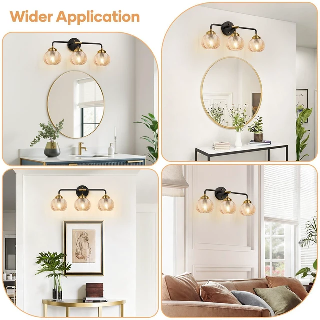 Alt view image 7 of 7 - Bathroom Light Fixtures, 3-Light Amber Vanity Lights with Unique Leaf Texture Glass Shade, Modern Matte Black and Gold Bathroom Wall Lamp for Mirror Hallway Cabinet Living Room