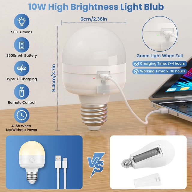 Alt view image 5 of 7 - E26 Rechargeable Light Bulbs with Remote, 10W 900lm 3-in-1 Battery Operated Emergency Lighting, 3500mAh 60W Equivalent Bulbs with Magnetic Base & Hook for Home Camping Hurricane&Power Outage, 6 Pack