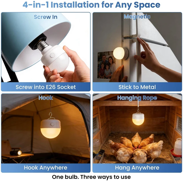 Alt view image 3 of 7 - E26 Rechargeable Light Bulbs with Remote, 10W 900lm 3-in-1 Battery Operated Emergency Lighting, 3500mAh 60W Equivalent Bulbs with Magnetic Base & Hook for Home Camping Hurricane&Power Outage, 6 Pack