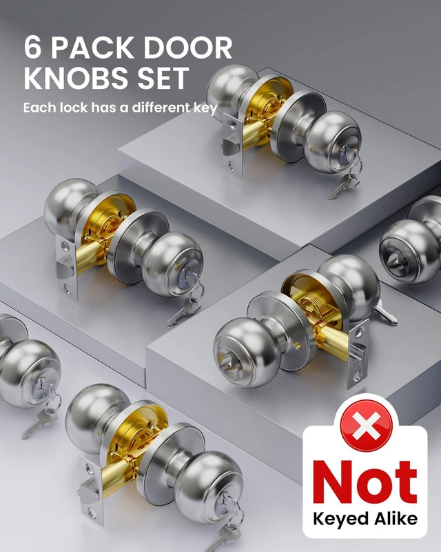Alt view image 2 of 7 - 6 Pack Door Knob with Lock, Keyed Different Entry Door Knobs, Interior and Exterior Round Ball Door Lock for Front Bedroom or Bathroom, Door Knobs Brushed Nickel Finish