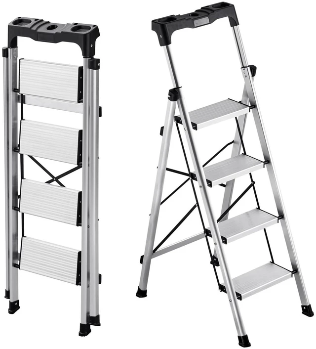 Main image of 4 Step Ladder, Folding Step Stool with Wide Anti-Slip Pedal and Comfort Handgrip, 330 lbs Capacity Portable Aluminum Stepladder, Multi-Use for Kitchen, Home, Warehouse and Office, Silver