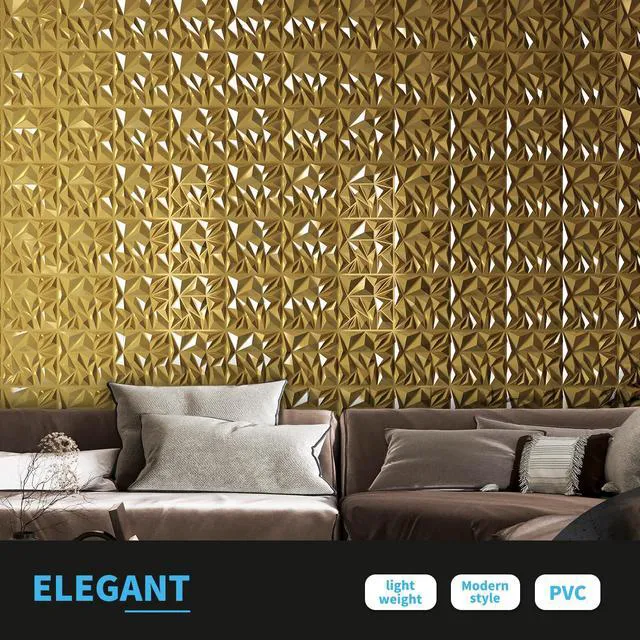 Alt view image 2 of 7 - 33-Pack Modern Diamond Textured 3D Wall Panels, 12 x 12 in, Gold Light PVC, Waterproof, Scratch Proof, Decorative Wall, Ideal for Home, Office & Commercial Spaces