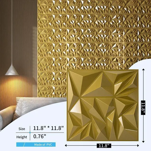 Alt view image 3 of 7 - 33-Pack Modern Diamond Textured 3D Wall Panels, 12 x 12 in, Gold Light PVC, Waterproof, Scratch Proof, Decorative Wall, Ideal for Home, Office & Commercial Spaces