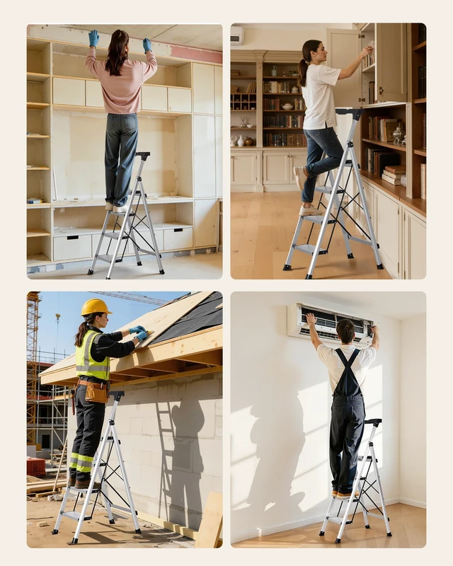 Alt view image 7 of 7 - 4 Step Ladder, Folding Step Stool with Wide Anti-Slip Pedal and Comfort Handgrip, 330 lbs Capacity Portable Aluminum Stepladder, Multi-Use for Kitchen, Home, Warehouse and Office, Silver