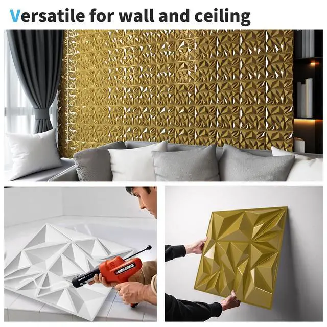 Alt view image 5 of 7 - 33-Pack Modern Diamond Textured 3D Wall Panels, 12 x 12 in, Gold Light PVC, Waterproof, Scratch Proof, Decorative Wall, Ideal for Home, Office & Commercial Spaces
