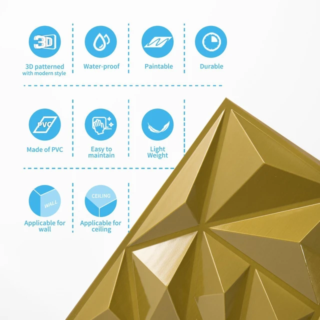 Alt view image 6 of 7 - 33-Pack Modern Diamond Textured 3D Wall Panels, 12 x 12 in, Gold Light PVC, Waterproof, Scratch Proof, Decorative Wall, Ideal for Home, Office & Commercial Spaces