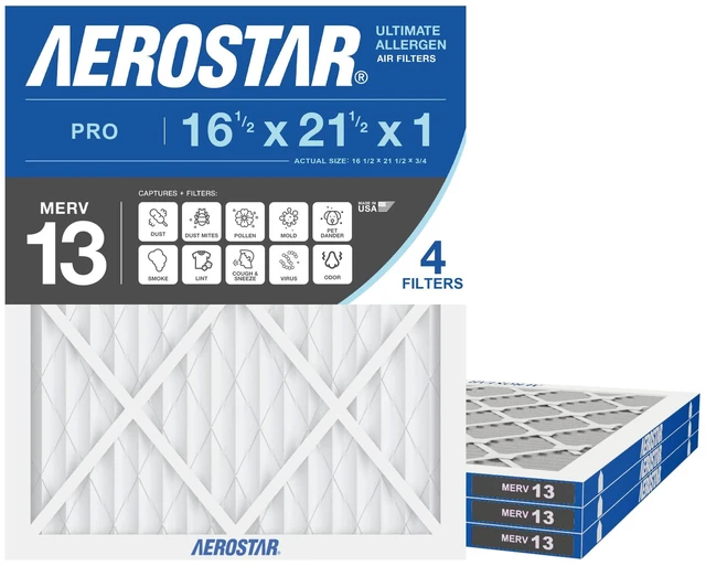 Main image of Air Filter 16 1/2 x 21 1/2 x 1 MERV 13 Furnace Filter, 4 Pack AC Filter & HVAC, Actual Size (16 1/2 x 21 1/2 x 3/4), MPR 1500/FPR 10, For Dust, Pet Dander, Bacteria & Allergies