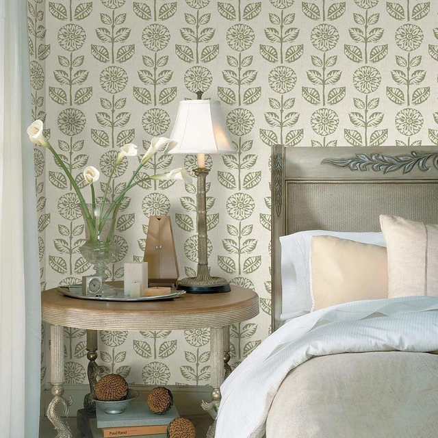 Alt view image 3 of 7 - Floral Wallpaper Peel and Stick Boho Contact Paper 17.7in×393.7in Vintage Floral Peel and Stick Wallpaper Boho Self Adhesive Wall Paper Beige Green Waterproof Removable Wallpaper for Bathroom