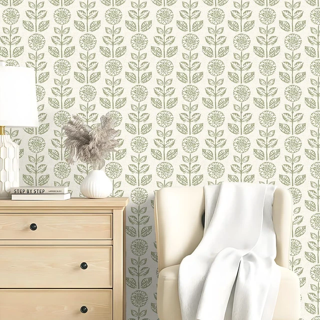 Alt view image 6 of 7 - Floral Wallpaper Peel and Stick Boho Contact Paper 17.7in×590.4in Vintage Floral Peel and Stick Wallpaper Boho Self Adhesive Wall Paper Beige Green Waterproof Removable Wallpaper for Bathroom