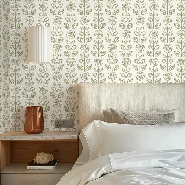 Alt view image 7 of 7 - Floral Wallpaper Peel and Stick Boho Contact Paper 17.7in×590.4in Vintage Floral Peel and Stick Wallpaper Boho Self Adhesive Wall Paper Beige Green Waterproof Removable Wallpaper for Bathroom