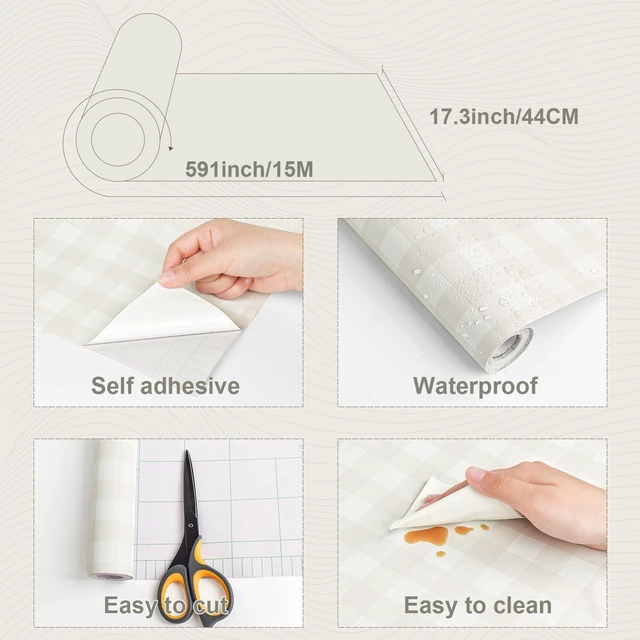 Alt view image 2 of 7 - Plaid Peel and Stick Wallpaper Gingham Checkered 17.3''×591'' Beige Plaid Contact Paper for Cabinets Self Adhesive Removable Waterproof Bathroom Farmhouse Cute Kids Shelf Drawers Decor