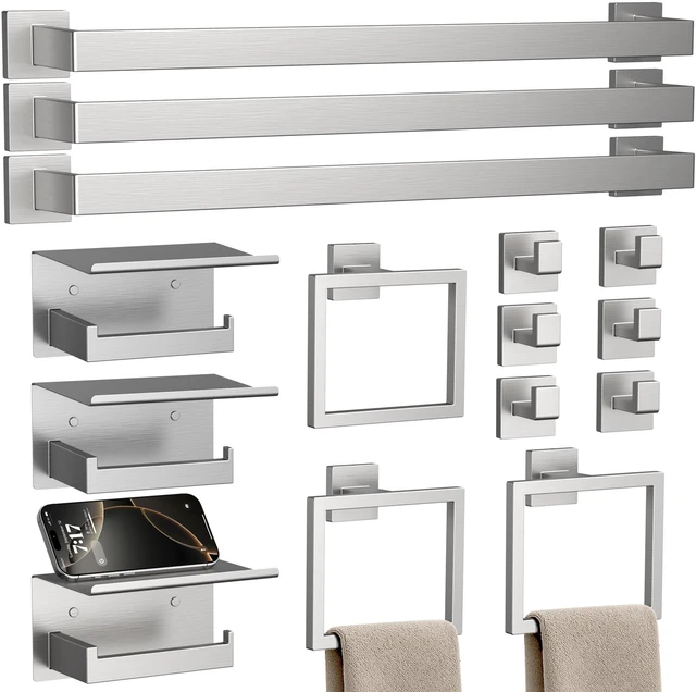 Main image of 15-Piece 23.6 Inch Brushed Nickel Bathroom Hardware Accessories Set Stainless Steel Bath Extended Towel Bar, Toilet Paper Holder with Shelf, Towel Hooks, Square Towel Ring Wall Mounted