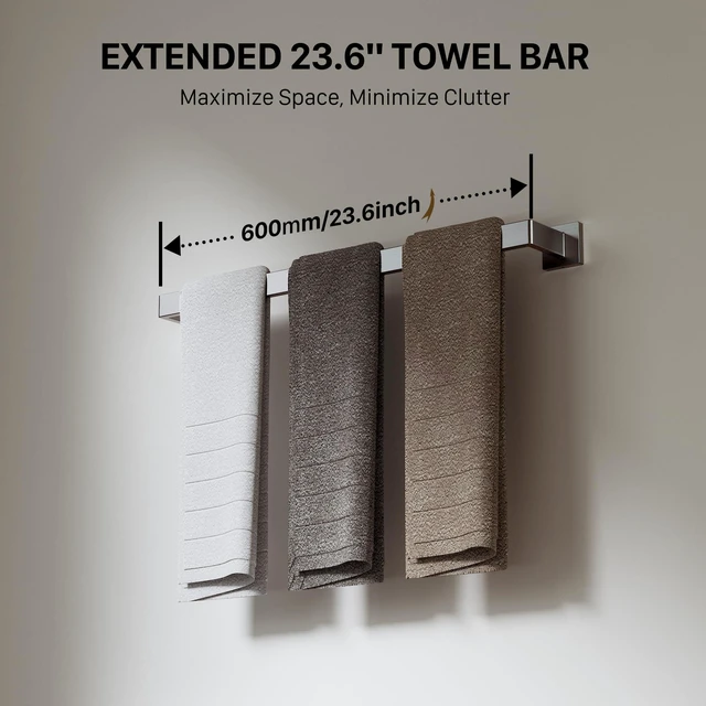 Alt view image 3 of 7 - 15-Piece 23.6 Inch Brushed Nickel Bathroom Hardware Accessories Set Stainless Steel Bath Extended Towel Bar, Toilet Paper Holder with Shelf, Towel Hooks, Square Towel Ring Wall Mounted