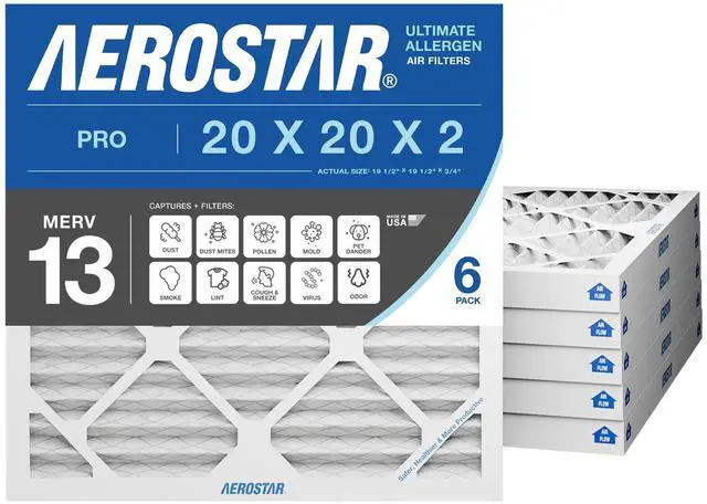 Main image of 20x20x2 MERV 13 Air Filter, 6 Count, ACTUAL SIZE (19.50 x 19.50 x 1.75), HVAC, Air Conditioning & Furnace Filter for Allergies, Dust, Pet Dander & Smoke (MPR 1500 / FPR 10), Made in USA