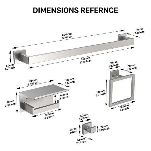 Alt view image 7 of 7 - 15-Piece 23.6 Inch Brushed Nickel Bathroom Hardware Accessories Set Stainless Steel Bath Extended Towel Bar, Toilet Paper Holder with Shelf, Towel Hooks, Square Towel Ring Wall Mounted