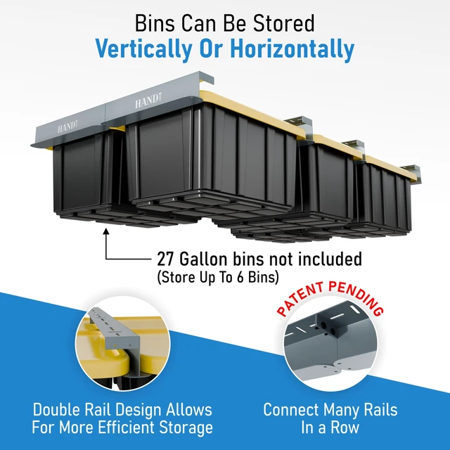Alt view image 2 of 7 - USA Based Overhead Garage Storage Rack, Connectable Heavy Duty Metal Ceiling Rails Garage Storage Organization Shelving System, Hanging Racks Tote Containers, Supports Up To 6 Bins, 4 Sets Gray