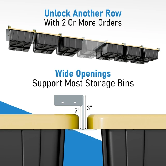 Alt view image 3 of 7 - USA Based Overhead Garage Storage Rack, Connectable Heavy Duty Metal Ceiling Rails Garage Storage Organization Shelving System, Hanging Racks Tote Containers, Supports Up To 6 Bins, 4 Sets Gray