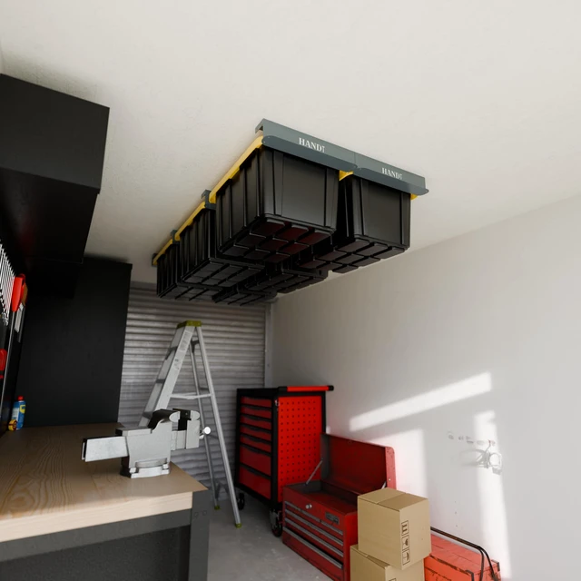 Alt view image 6 of 7 - USA Based Overhead Garage Storage Rack, Connectable Heavy Duty Metal Ceiling Rails Garage Storage Organization Shelving System, Hanging Racks Tote Containers, Supports Up To 6 Bins, 4 Sets Gray