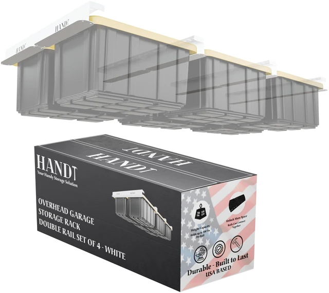 Main image of USA Based Overhead Garage Storage Rack, Connectable Heavy Duty Metal Ceiling Rails Garage Storage Organization Shelving System, Hanging Racks Tote Containers, Supports Up To 6 Bins, 4 Sets White