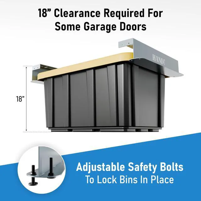 Alt view image 7 of 7 - USA Based Overhead Garage Storage Rack, Connectable Heavy Duty Metal Ceiling Rails Garage Storage Organization Shelving System, Hanging Racks Tote Containers, Supports Up To 6 Bins, 4 Sets Gray