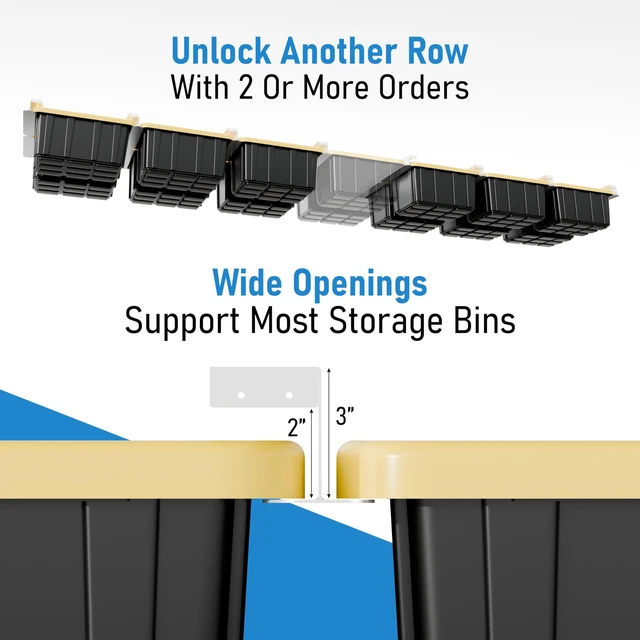 Alt view image 3 of 7 - USA Based Overhead Garage Storage Rack, Connectable Heavy Duty Metal Ceiling Rails Garage Storage Organization Shelving System, Hanging Racks Tote Containers, Supports Up To 6 Bins, 4 Sets White