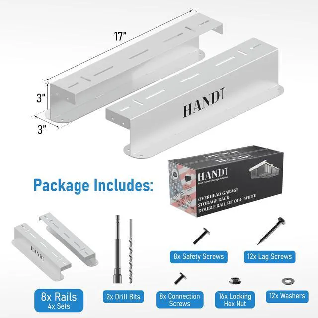 Alt view image 4 of 7 - USA Based Overhead Garage Storage Rack, Connectable Heavy Duty Metal Ceiling Rails Garage Storage Organization Shelving System, Hanging Racks Tote Containers, Supports Up To 6 Bins, 4 Sets White