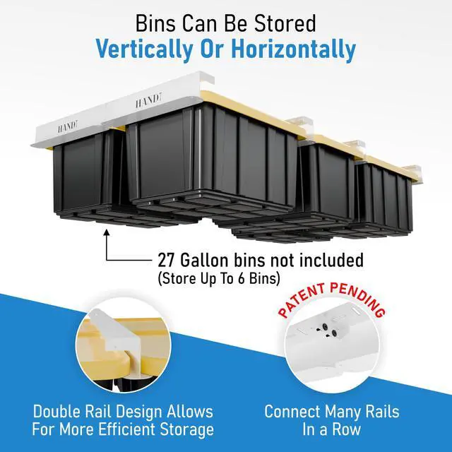 Alt view image 2 of 7 - USA Based Overhead Garage Storage Rack, Connectable Heavy Duty Metal Ceiling Rails Garage Storage Organization Shelving System, Hanging Racks Tote Containers, Supports Up To 6 Bins, 4 Sets White