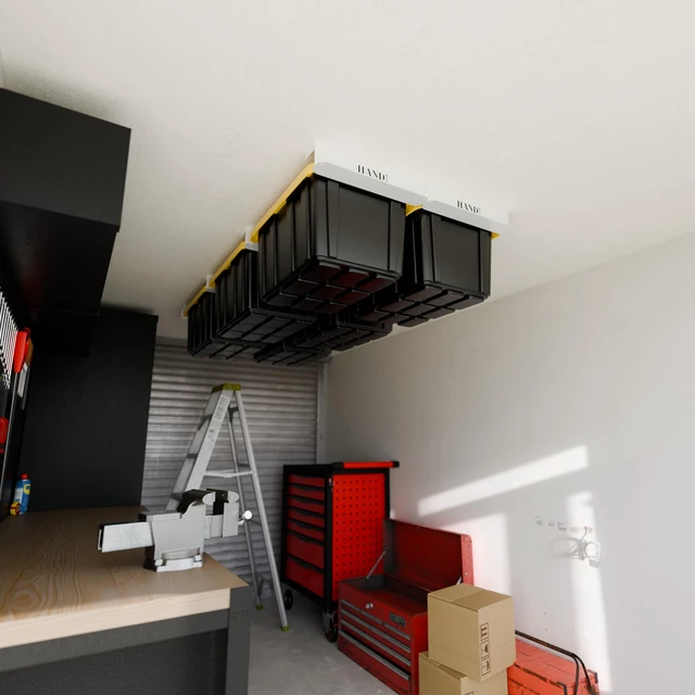 Alt view image 6 of 7 - USA Based Overhead Garage Storage Rack, Connectable Heavy Duty Metal Ceiling Rails Garage Storage Organization Shelving System, Hanging Racks Tote Containers, Supports Up To 6 Bins, 4 Sets White