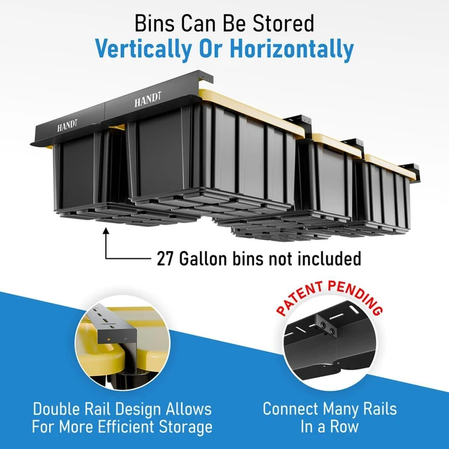 Alt view image 2 of 7 - USA Based Overhead Garage Storage Rack, Connectable Heavy Duty Metal Ceiling Rails Garage Storage Organization Shelving System, Hanging Racks Tote Containers, Supports Up To 6 Bins, 4 Sets Black