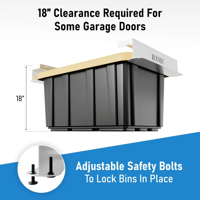 Alt view image 7 of 7 - USA Based Overhead Garage Storage Rack, Connectable Heavy Duty Metal Ceiling Rails Garage Storage Organization Shelving System, Hanging Racks Tote Containers, Supports Up To 6 Bins, 4 Sets White