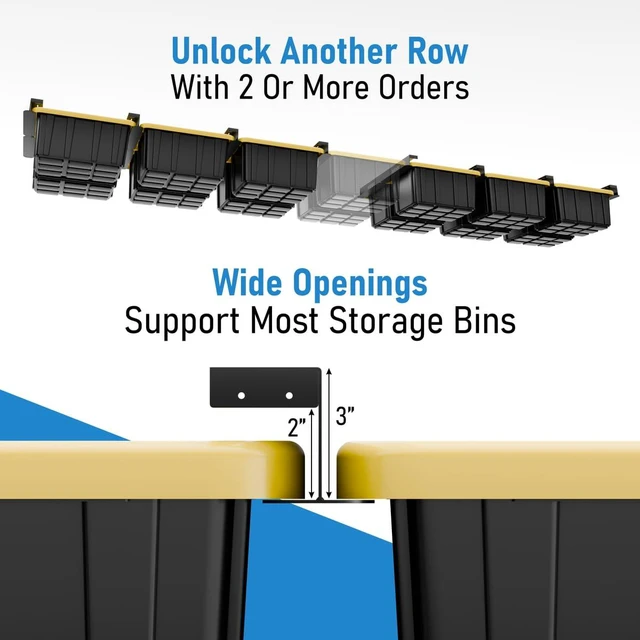 Alt view image 3 of 7 - USA Based Overhead Garage Storage Rack, Connectable Heavy Duty Metal Ceiling Rails Garage Storage Organization Shelving System, Hanging Racks Tote Containers, Supports Up To 6 Bins, 4 Sets Black