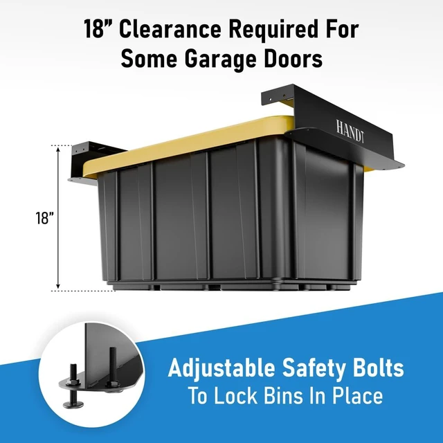 Alt view image 7 of 7 - USA Based Overhead Garage Storage Rack, Connectable Heavy Duty Metal Ceiling Rails Garage Storage Organization Shelving System, Hanging Racks Tote Containers, Supports Up To 6 Bins, 4 Sets Black